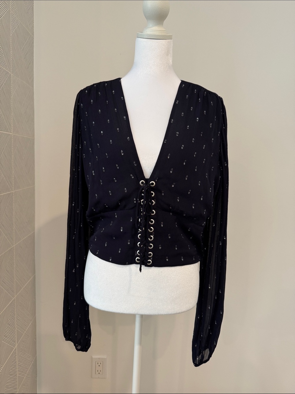 Kooples Deep V Blouse with sheer sleeves